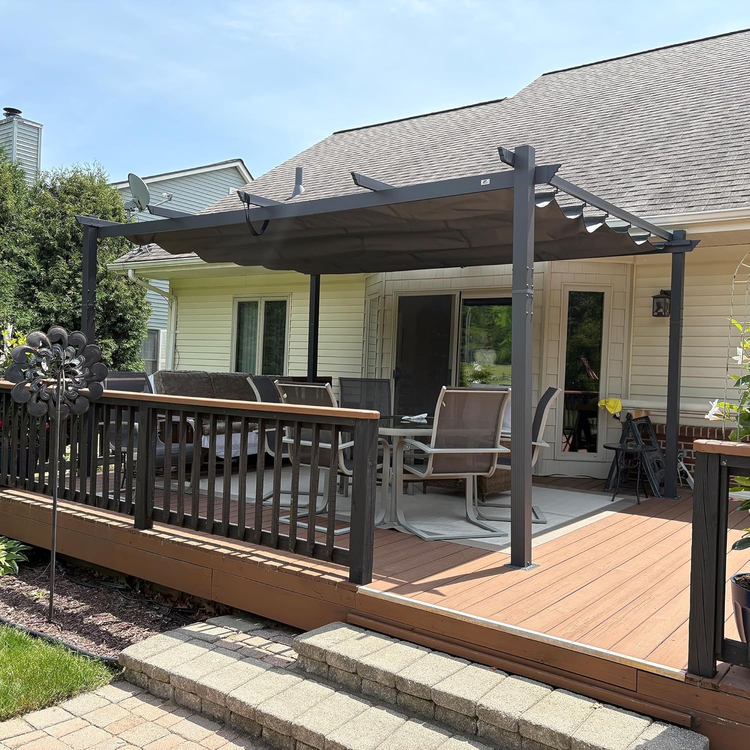 karaca-alisveris - Pergola aluminium - 4,8x3,5m - toit coulissant, tissu teint en fil, gris