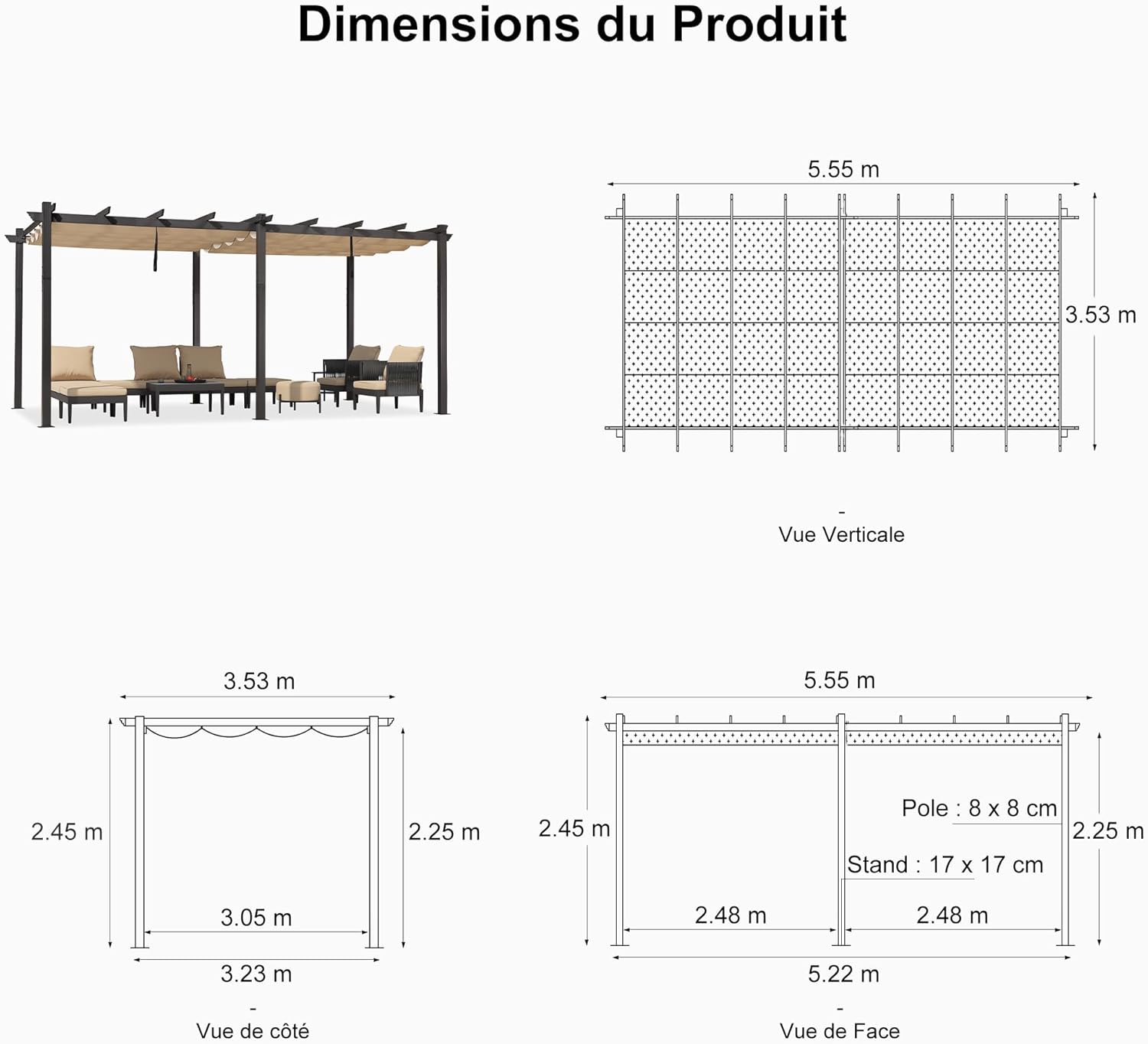 karaca-alisveris - pergola aluminium 5,5x3,5m toit rétractable LED kaki