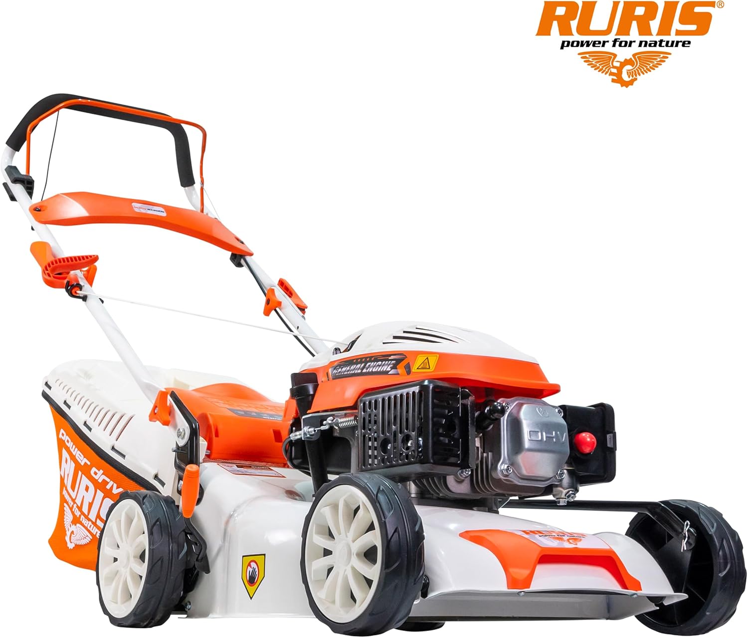 RURIS Tondeuse à Gazon Thermique RX200S, 2,7 CV, 42 cm, Sac 45L, 3 en 1: Collecte, Éjection Arrière, Mulching, Châssis Acier, Hauteur Réglable 25-75 mm, Orange
