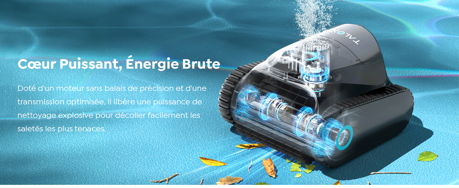 Le texte se lit comme suit : « Coeur Puissant, Énergie Brute ». Scènes sous-marines montrant un étui de produit étanche flottant dans l'eau de la piscine.