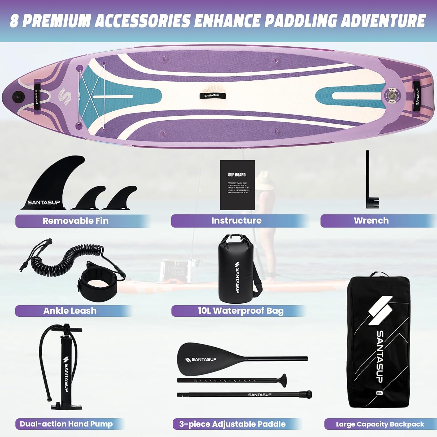 Tableau Gonflable Stand Up Paddle avec Accessoires Sup, Pont EVA antidérapant, Tableau Large 10'6