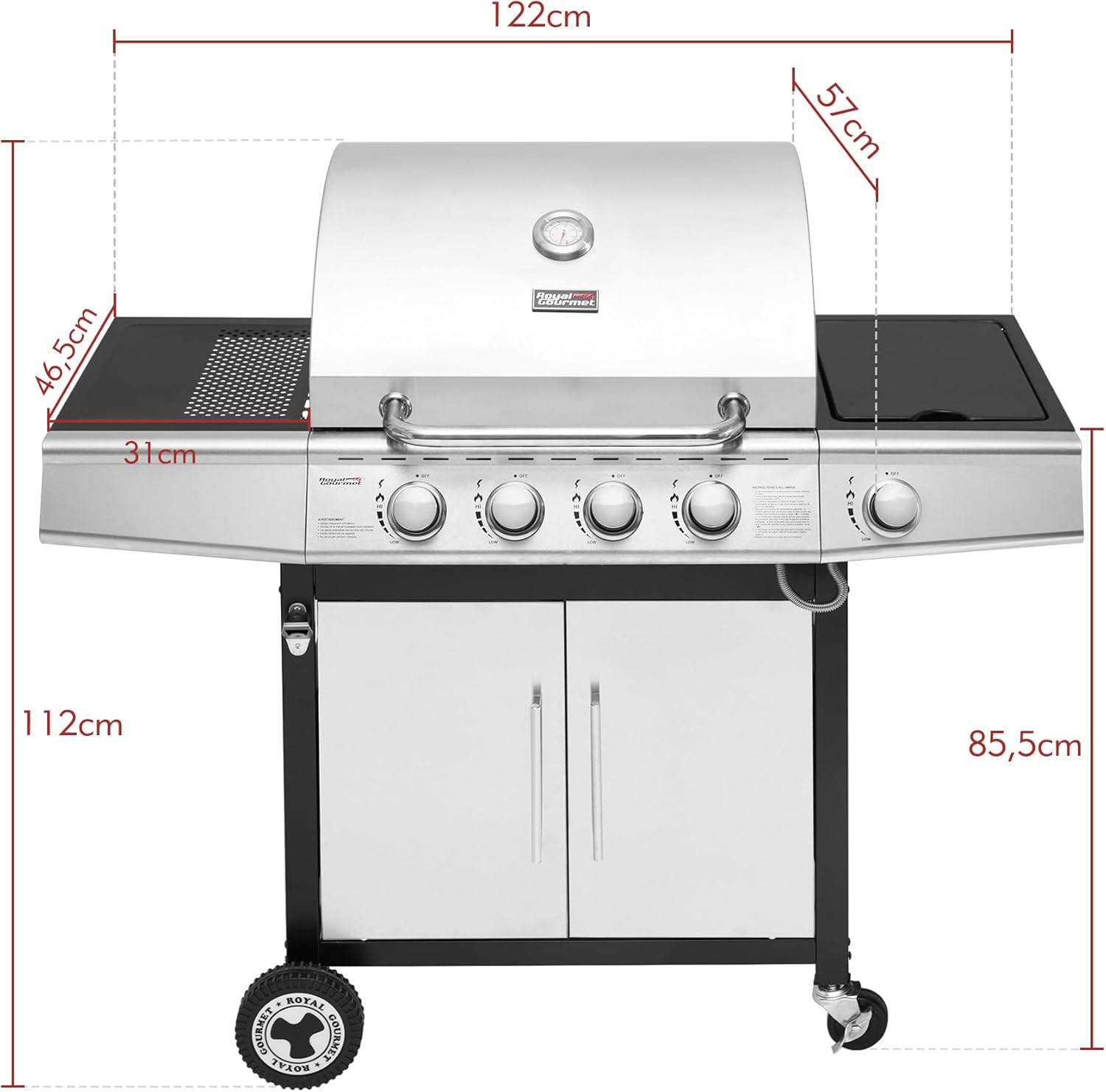 karaca-alisveris - Barbecue Gaz 4+1 brûleurs inox - 14,5kW - 2 portes, thermomètre, roues directionnelles