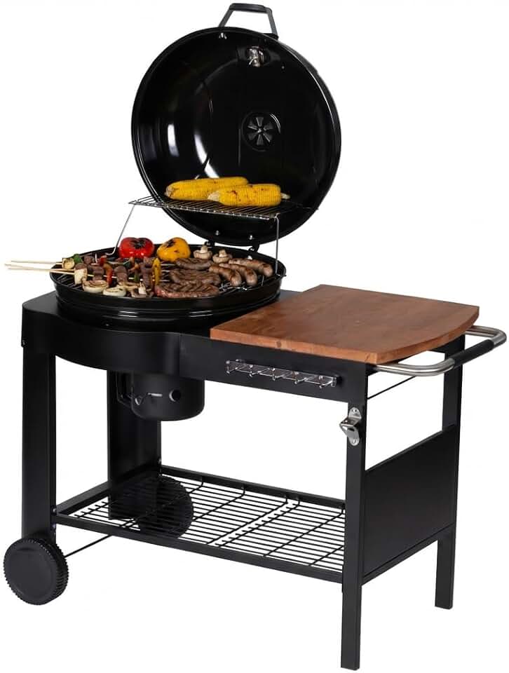karaca-alisveris - Barbecue Calgary - acier/bois - couvercle thermomètre, tablettes, 2 roues, noir