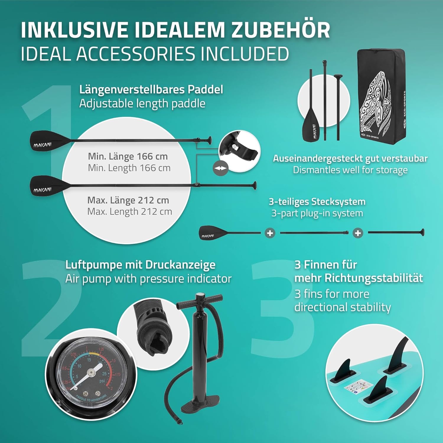 karaca-alisveris - Stand Up Paddle Board - 305/308/320/380 cm - PVC, jusqu’à 150 kg, 10/15 cm, sac, pompe