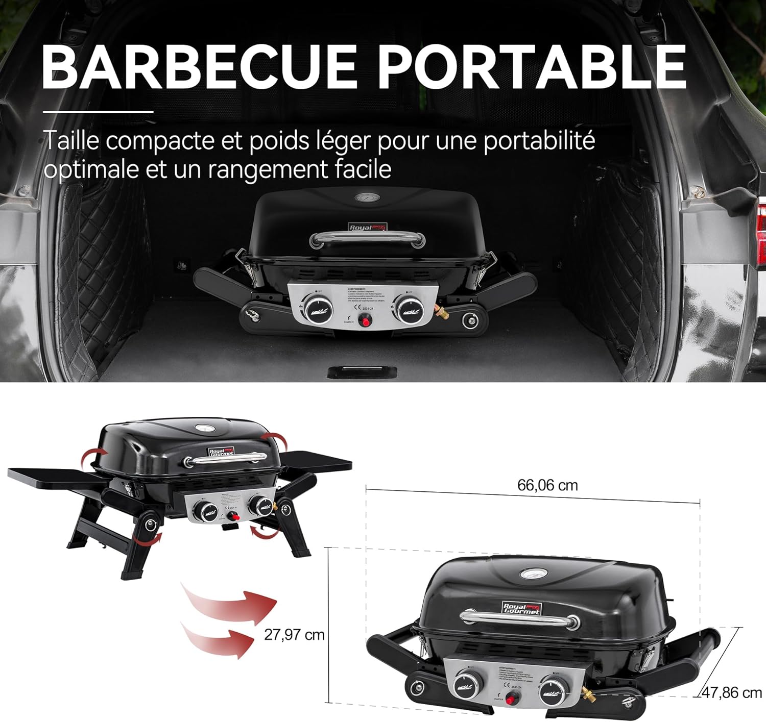 karaca-alisveris - Barbecue Gaz 2 brûleurs - 48x37 cm - tables pliables, 5kW