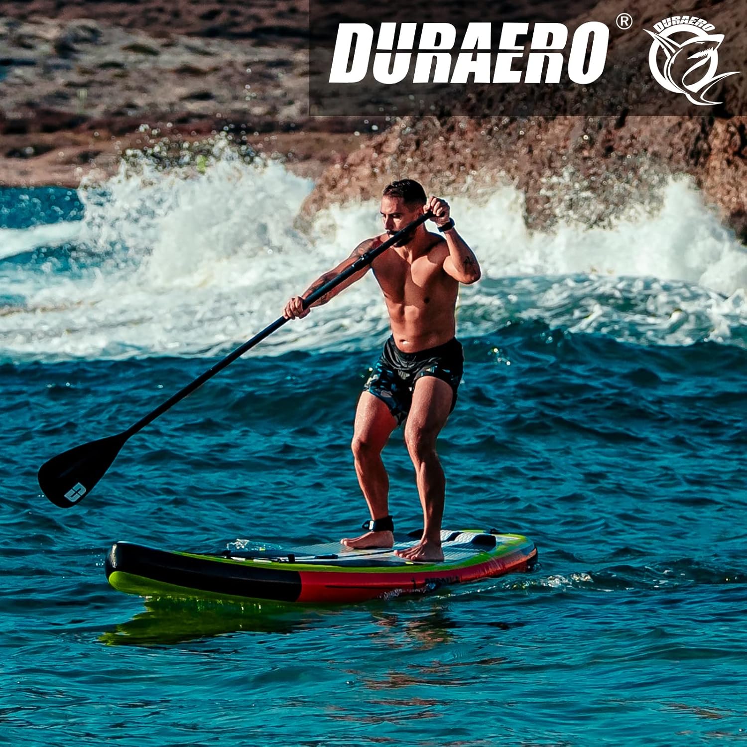 Siège de Kayak Gonflable Stand Up Paddle et Support de caméra, pagaie 2 en 1 330x76x15cm, Pompe jusqu'à 150kg avec Sangle de Pied, Sac à Dos