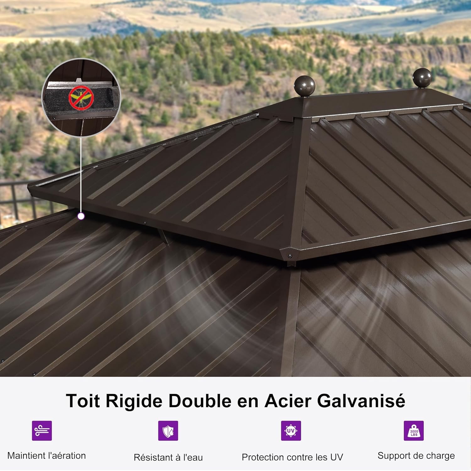 karaca-alisveris - pergola extérieure 4,25x3m - alu, LED, rideaux, gouttière