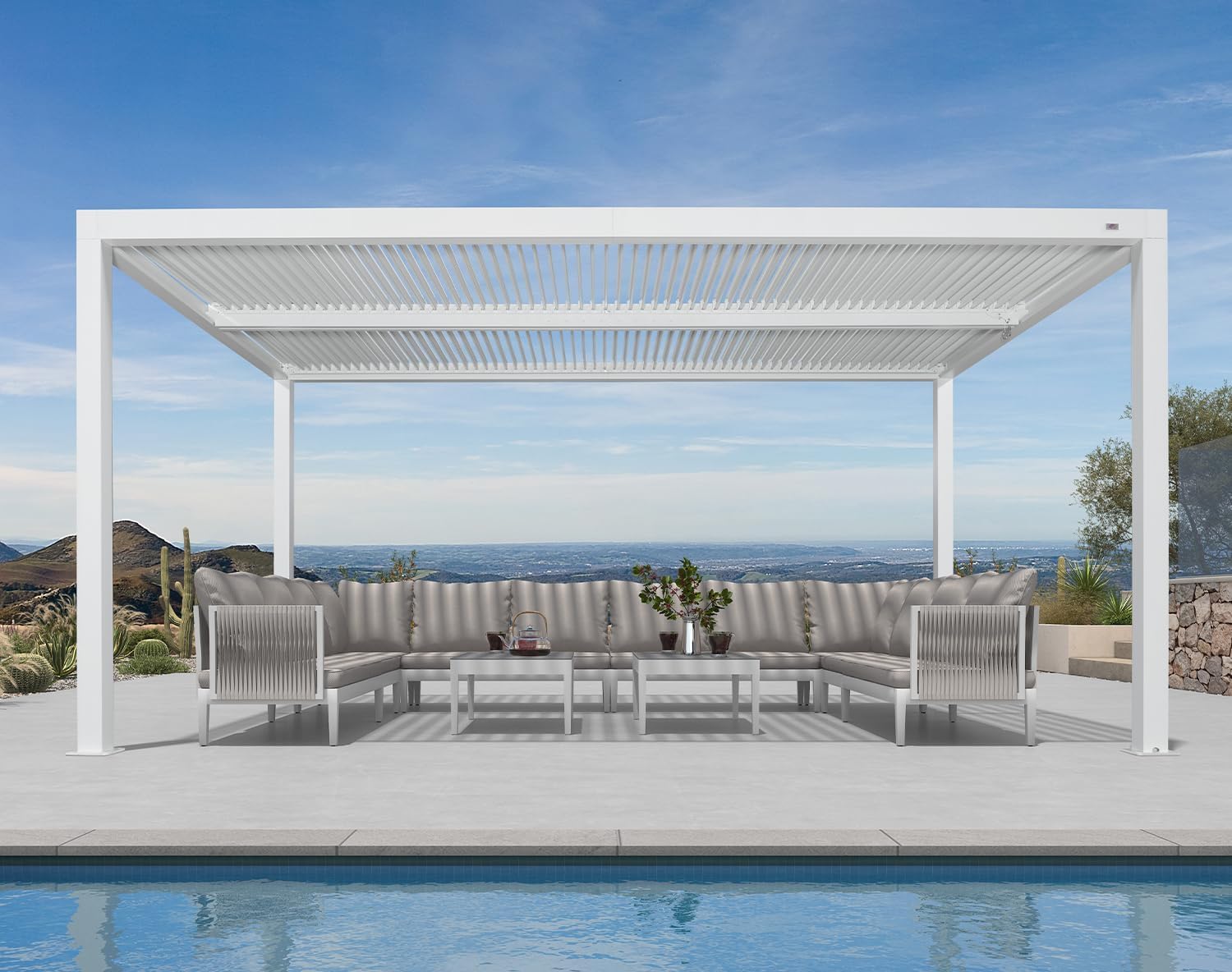 karaca-alisveris - Pergola bioclimatique aluminium 4,6x3,3m, lames orientables, blanc