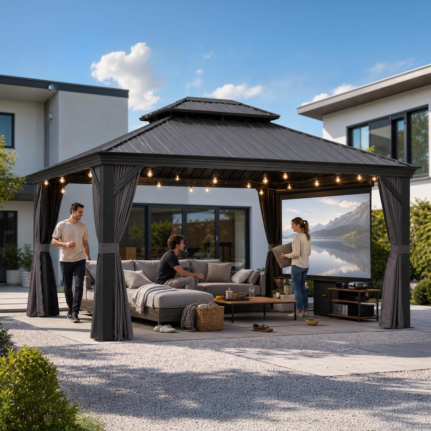 karaca-alisveris - tonnelle jardin - 4,25x3,65m - toit acier, moustiquaire, rideaux, poteaux renforcés