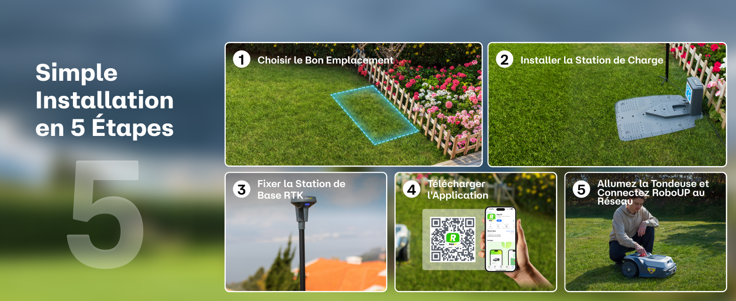 Le texte indique « Installation simple en 5 étapes ». Guide d'installation étape par étape montrant le processus d'installation de la pelouse extérieure avec des étapes numérotées et des diagrammes.
