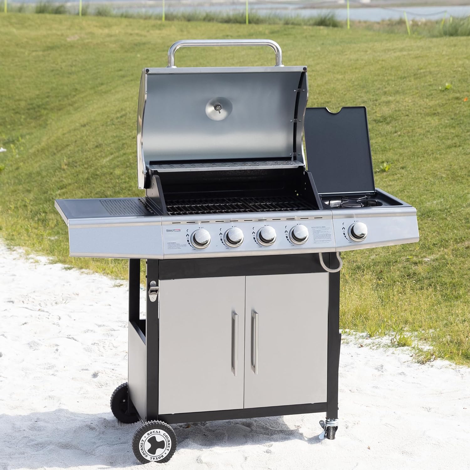 karaca-alisveris - Barbecue Gaz 4+1 brûleurs inox - 14,5kW - 2 portes, thermomètre, roues directionnelles
