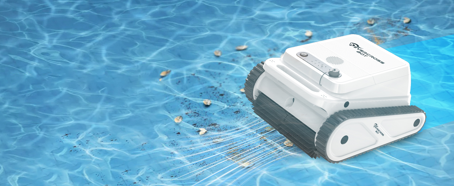 Appareil de nettoyage de piscine robotique blanc représenté sous l'eau sur fond bleu de piscine, avec des traces de nettoyage visibles.