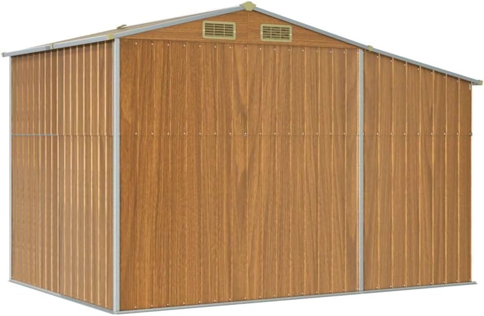 Abri de jardin marron clair 277 x 192,5 x 179 cm en acier galvanisé avec support pour bois de chauffage et 4 ouvertures d'aération pour outils de jardin et équipements