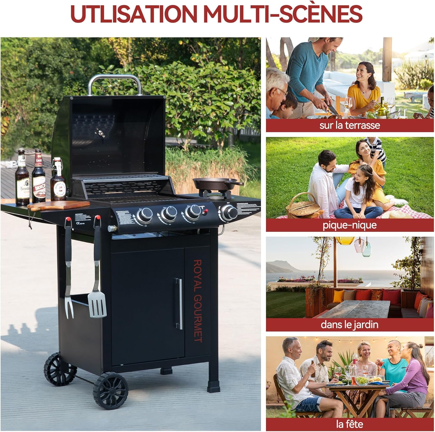 karaca-alisveris - barbecue gaz 3+1 brûleurs inox - 11,5 kW - chariot, 2 roues, thermomètre