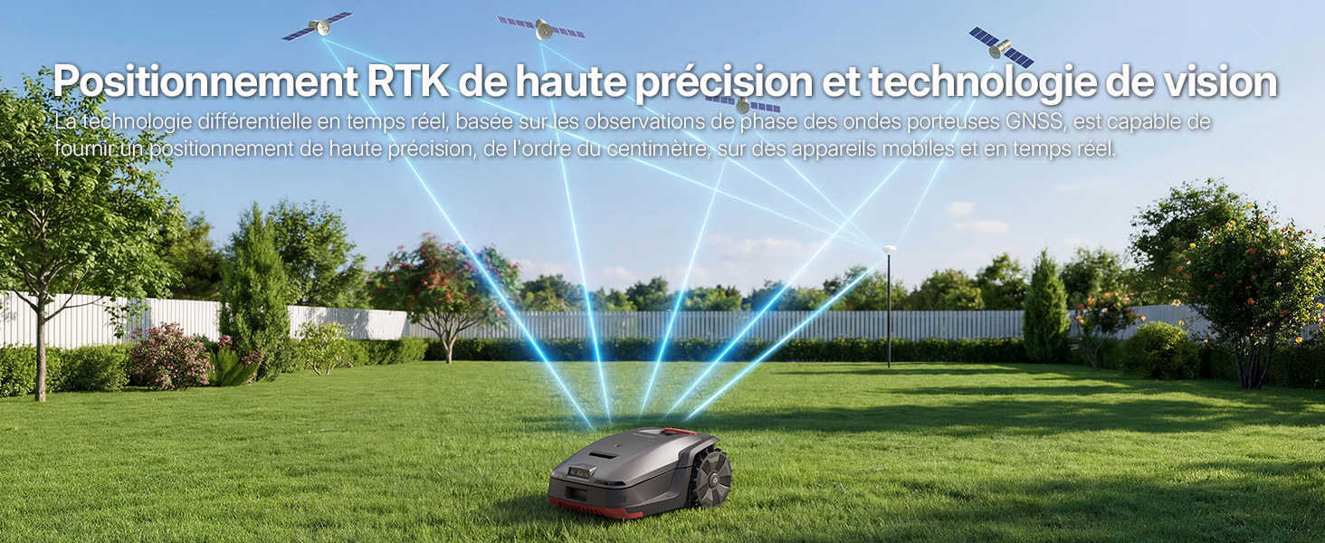 Le texte se lit comme suit : « Positionnement RTK de haute précision et contrôle de vision ». Tondeuse à gazon avec système de positionnement GPS sur gazon, démontrant une technologie de guidage automatique pour l'entretien des pelouses.