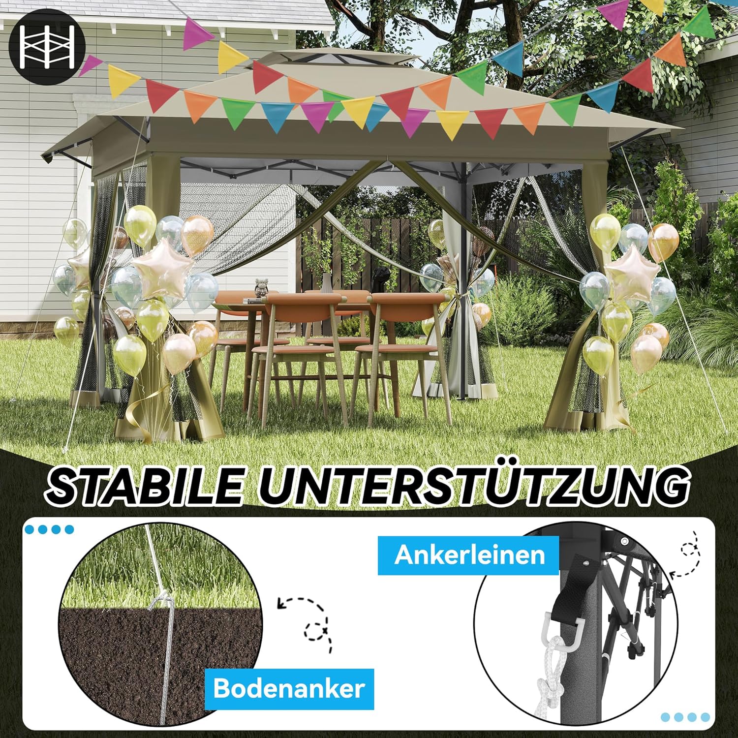 Tonnelle de jardin pop-up, 4x4m, imperméable, UV, pliable, kaki