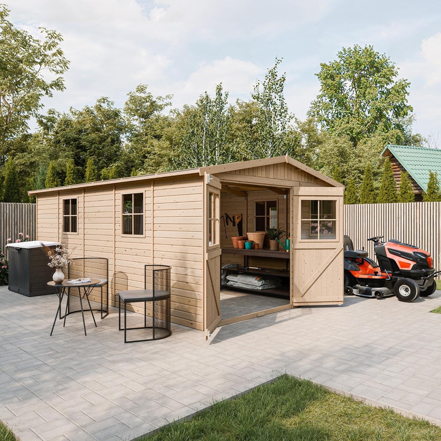 Abri de Jardin en Bois Naturel - Stockage extérieur avec fenêtres- H226x324x516 cm/15 m² Hangar en Bois Naturel - Atelier Rangement Outils et vélos- karaca-alisveris M337
