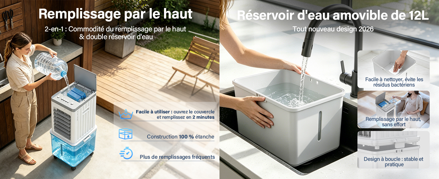 Le texte indique « Remplissage par le haut » et « réservoir d'eau amovible de 12L ». Système de réservoir d'eau à remplissage par le haut avec réservoir amovible de 12 litres illustré sur les photos de démonstration.
