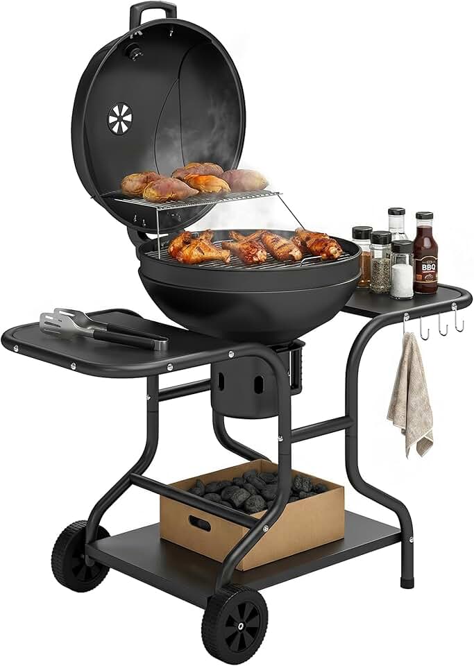 karaca-alisveris - barbecue rond extérieur - 66x55x98cm - couvercle, roues, thermomètre