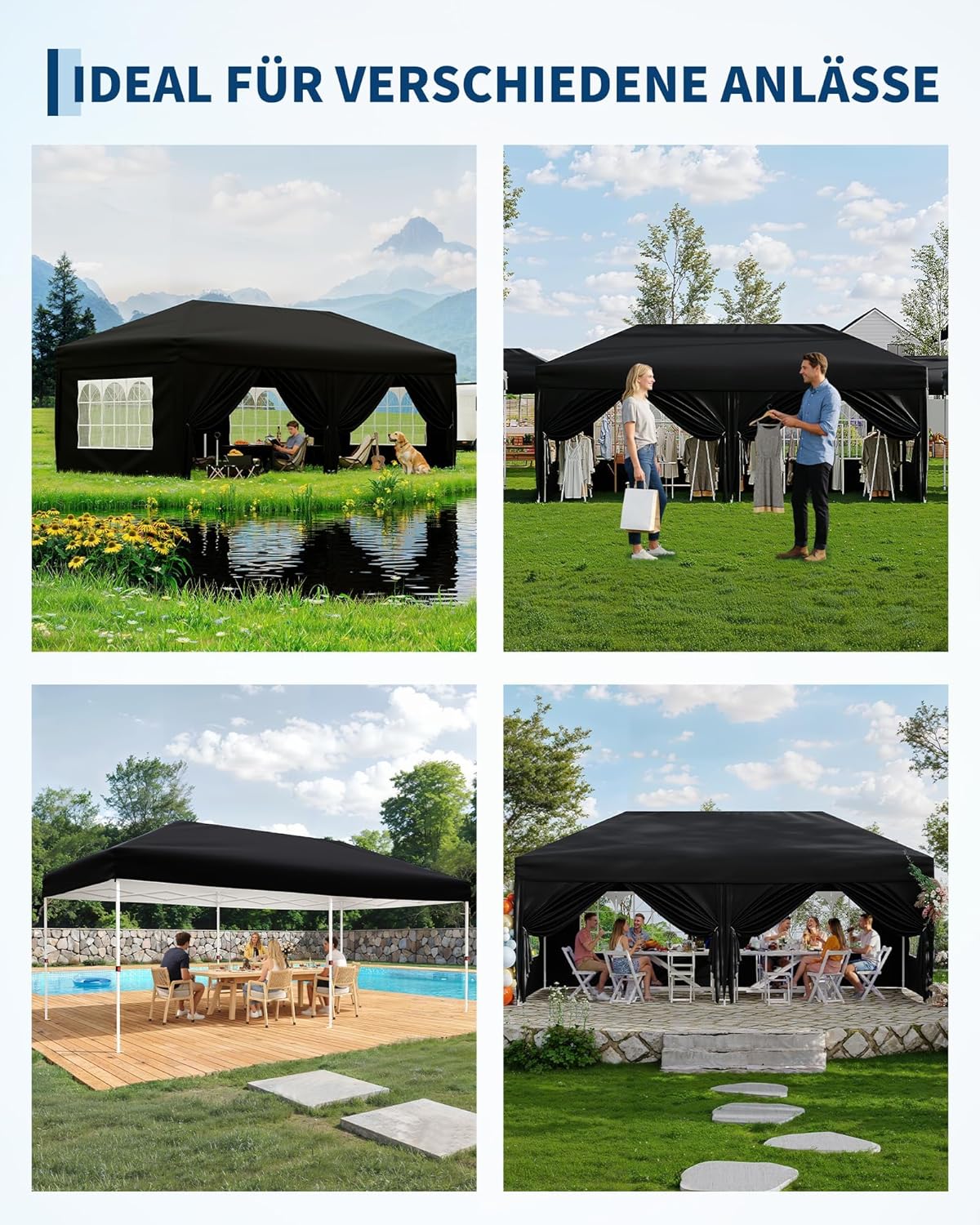 Gravee - tonnelle pliante série avec parois, 3x6m, imperméable, anti-UV