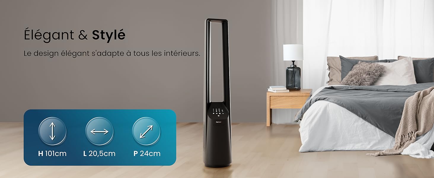 dans la chambre à coucher. Affiche la hauteur (113 cm), la largeur (23,6 cm) et la profondeur (23 cm). Le texte « Elegant & Style » est visible. Lit et table de chevet en arrière-plan.