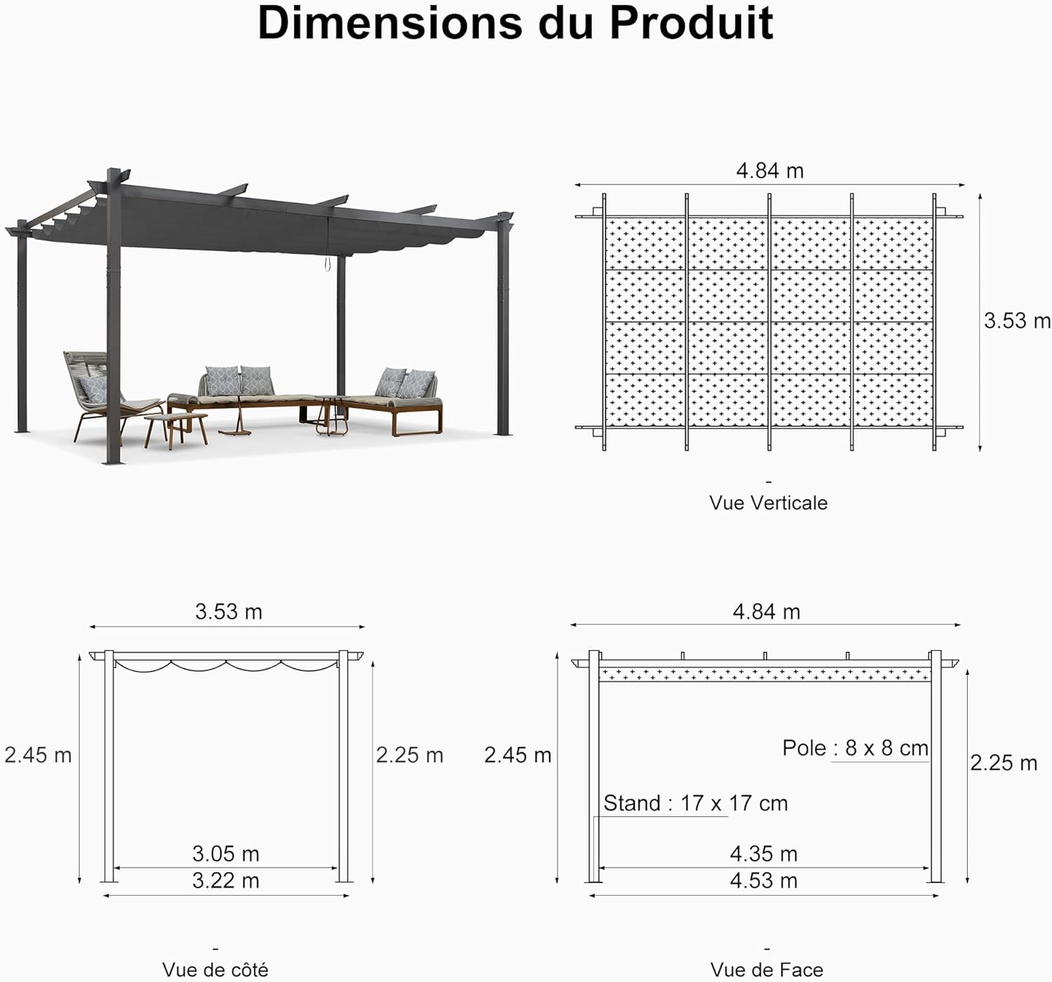 karaca-alisveris - pergola aluminium - 4,8x3,5m - LED, toit rétractable, tissu mass teinté, structure résistante