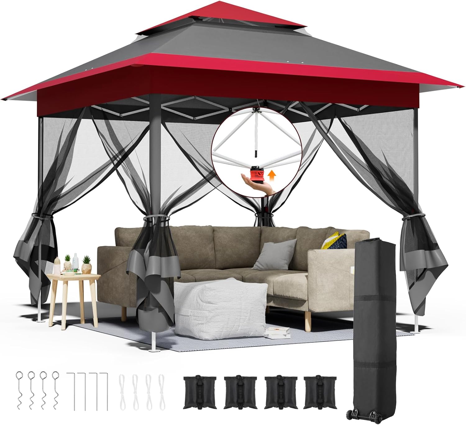 Tonnelle pliante - 3,3x3,3m - imperméable, moustiquaire, double toit, sacs sable