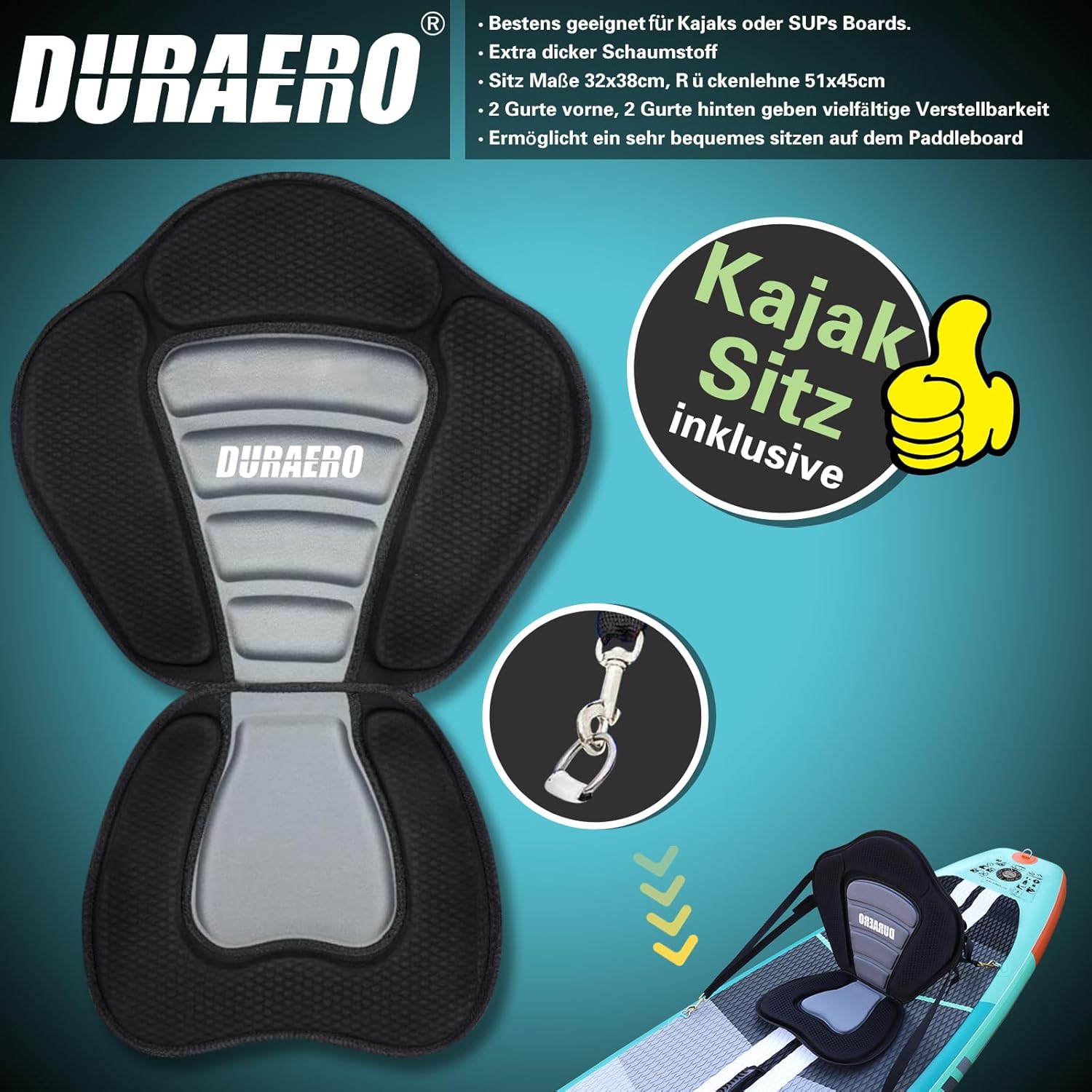 Siège de Kayak Gonflable Stand Up Paddle et Support de caméra, pagaie 2 en 1 330x76x15cm, Pompe jusqu'à 150kg avec Sangle de Pied, Sac à Dos