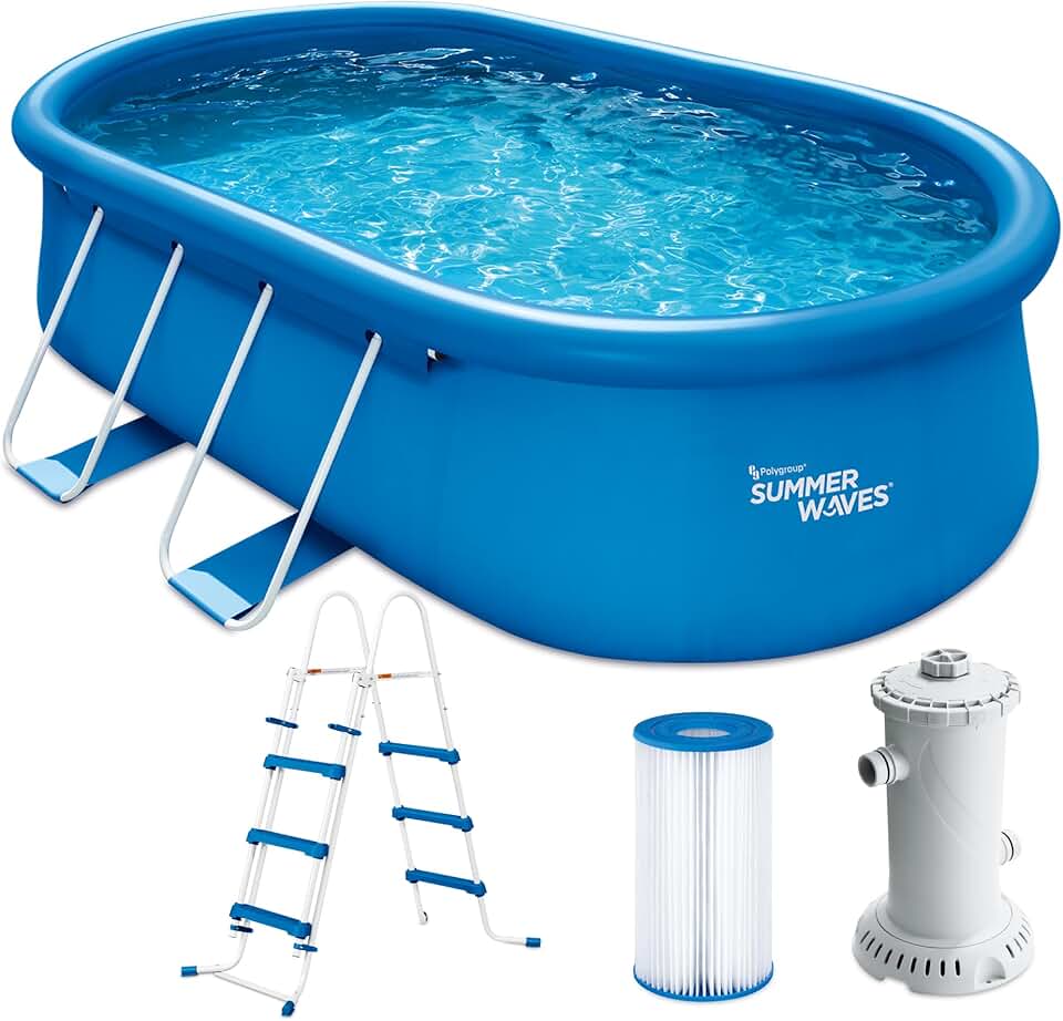 karaca-alisveris Quick Up Kit complet de piscine - Ovale - 457 x 305 x 107 cm - Bleu - Piscine hors-sol et piscine avec pompe à filtre, échelle, tapis de sol et bâche