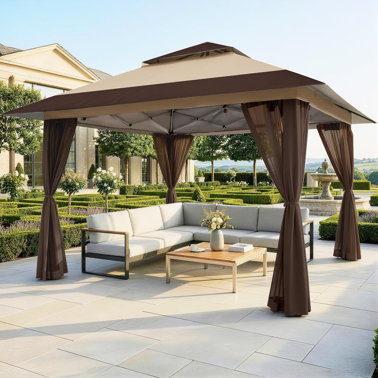 karaca-alisveris Tonnelle de Jardin 4 x 4 m, Pop Up Gezebo Exterieur Imperméable, Abri de Jardin Réglable en Hauteur, Double Toit avec Côtés en Maille Zippée, Sac de Transport, Beige