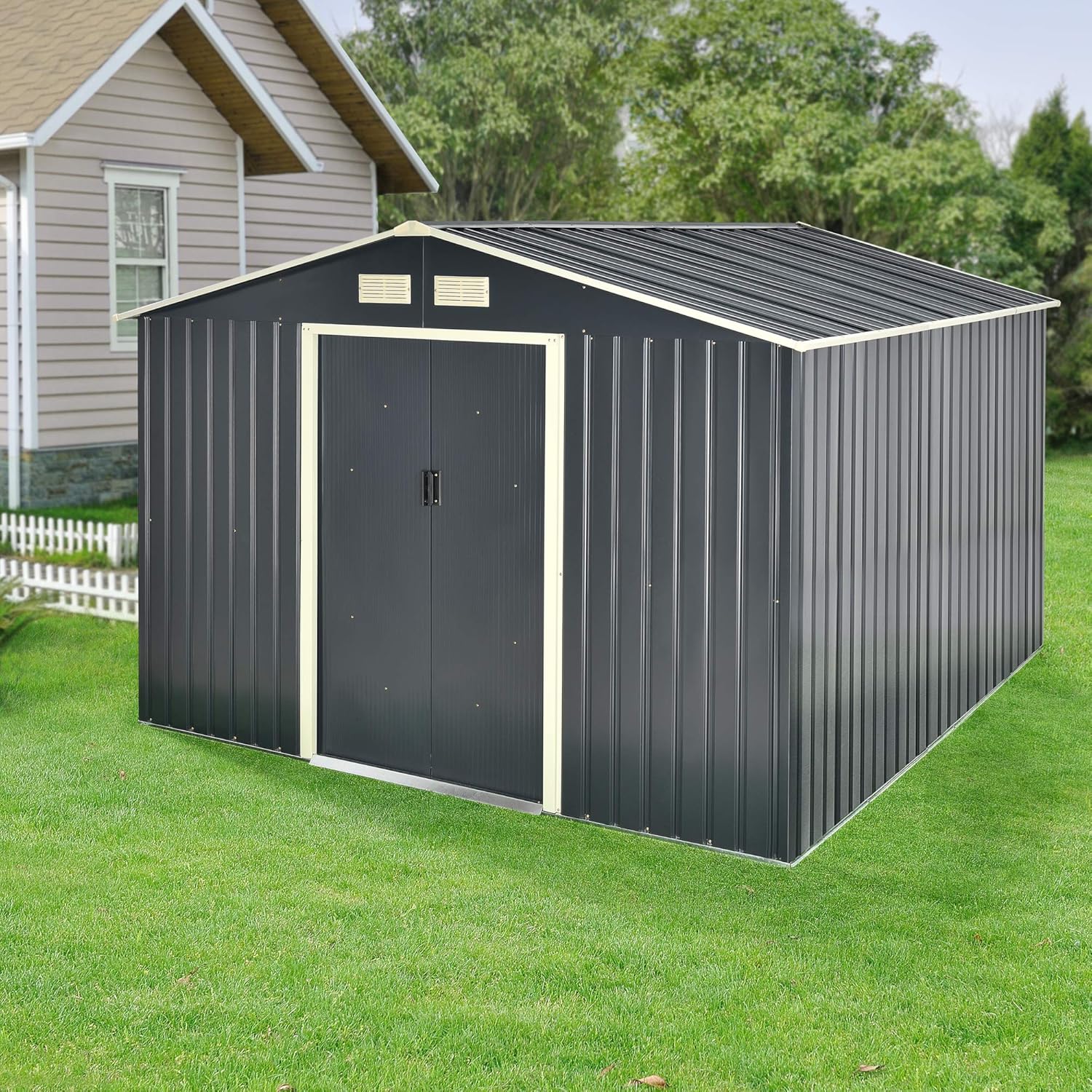 karaca-alisveris Abri de Jardin 15 m³ Robuste Cabane de Stockage Extérieur Cabane à Outils Toit à Pignon Tôles en Acier Galvanisées Gris Foncé