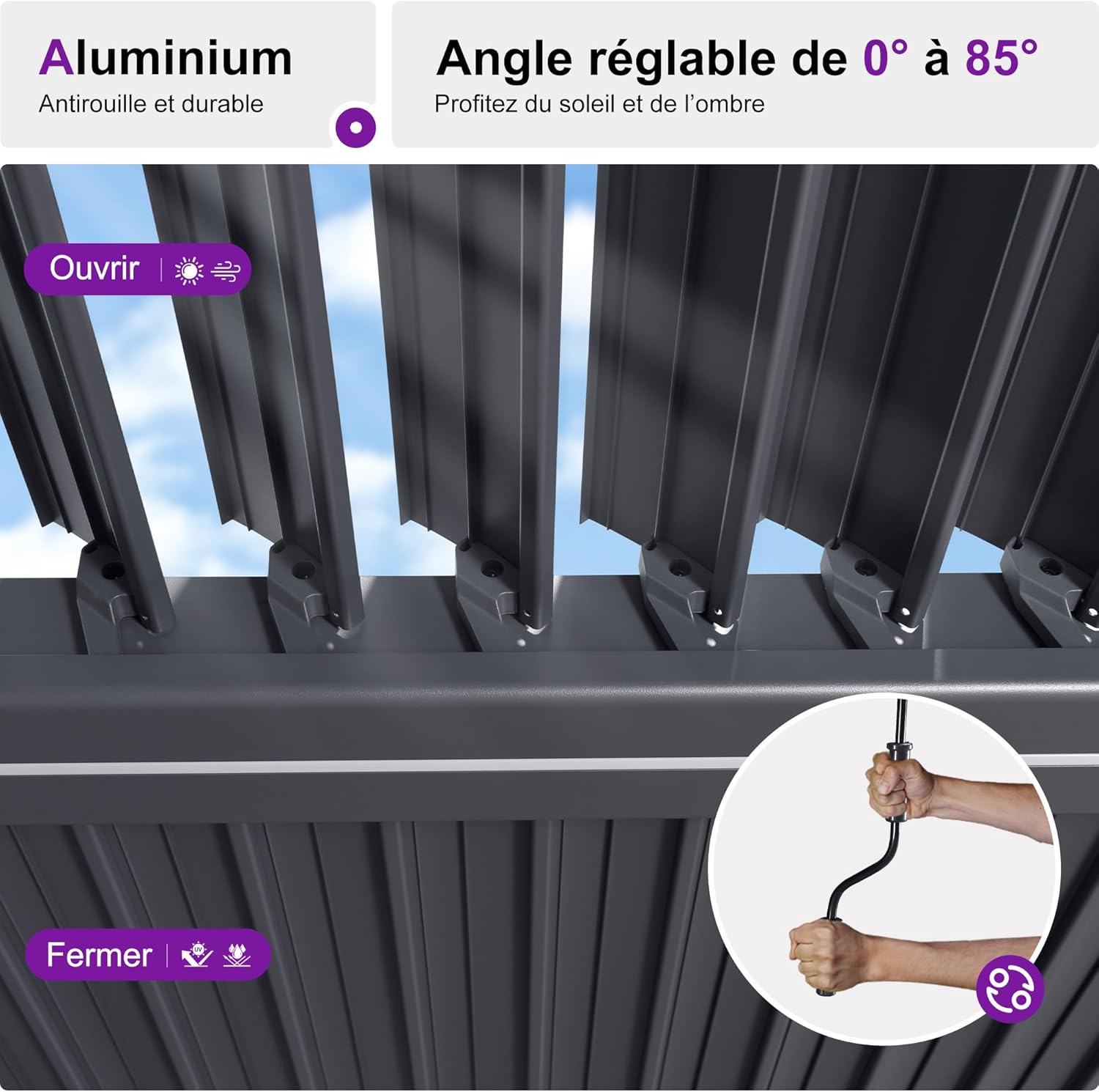 karaca-alisveris - Pergola bioclimatique - 4x6m - alu lames LED gris