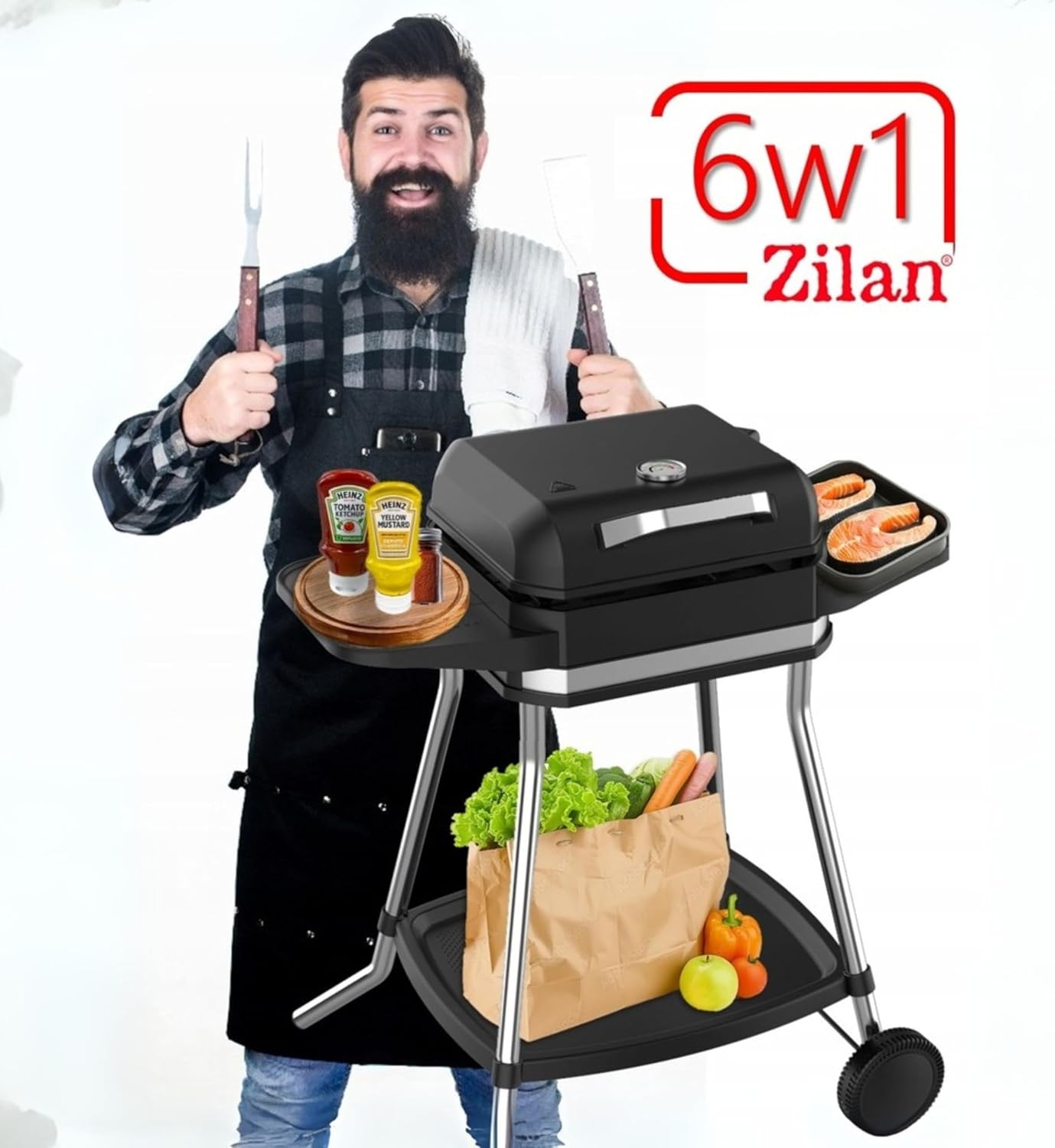 Barbecue électrique - 2 en 1 sur pied 3050W - grande surface, régulateur