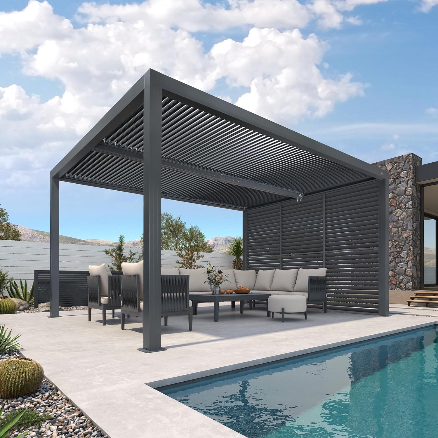 karaca-alisveris - Pergola bioclimatique 4,6x3,3 m, alu, persiennes fixes