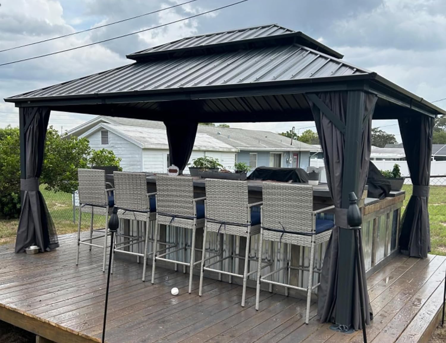 karaca-alisveris - pergola série double toit - 4,85x3,65 m - alu acier, rideaux, moustiquaire