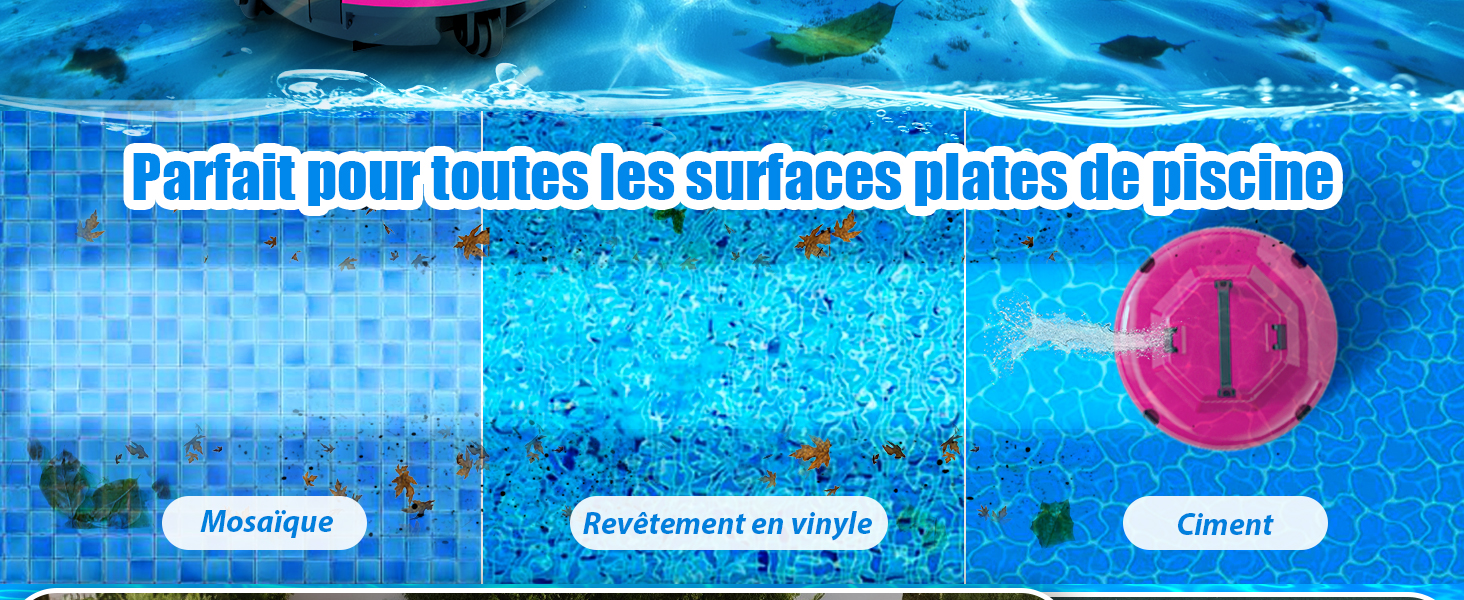 Schéma comparatif des surfaces de piscine en français montrant trois types de surfaces de piscine différents : mosaïque, revêtement vinylique et ciment.