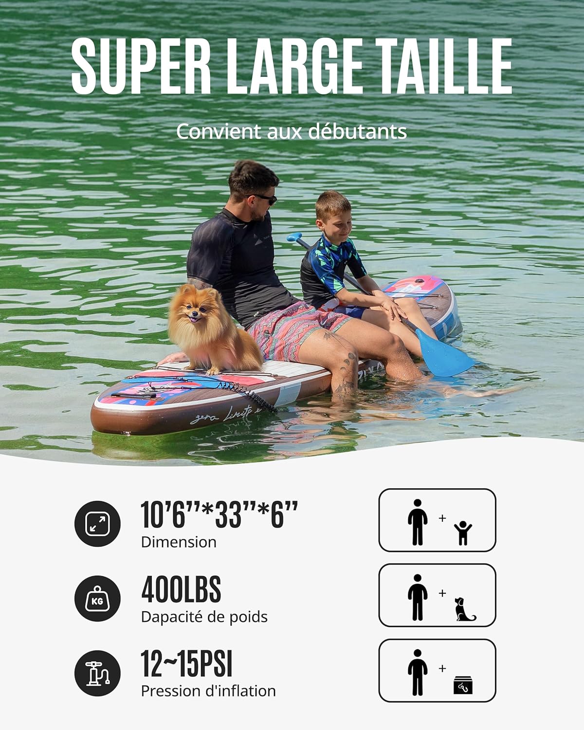 ZLX - Paddle Gonflable 2 places - 320x84cm - Sup avec siège kayak, accessoires, pour tous niveaux
