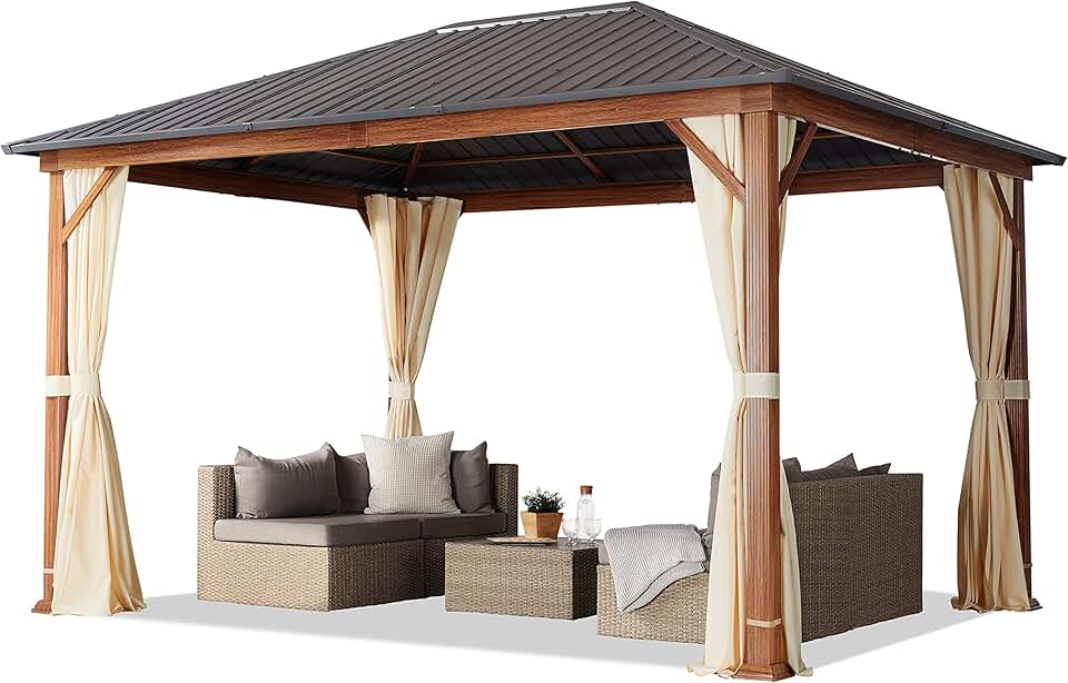 karaca-alisveris - tonnelle de jardin série aspect bois 3x4m toit acier, 4 parois, champagne