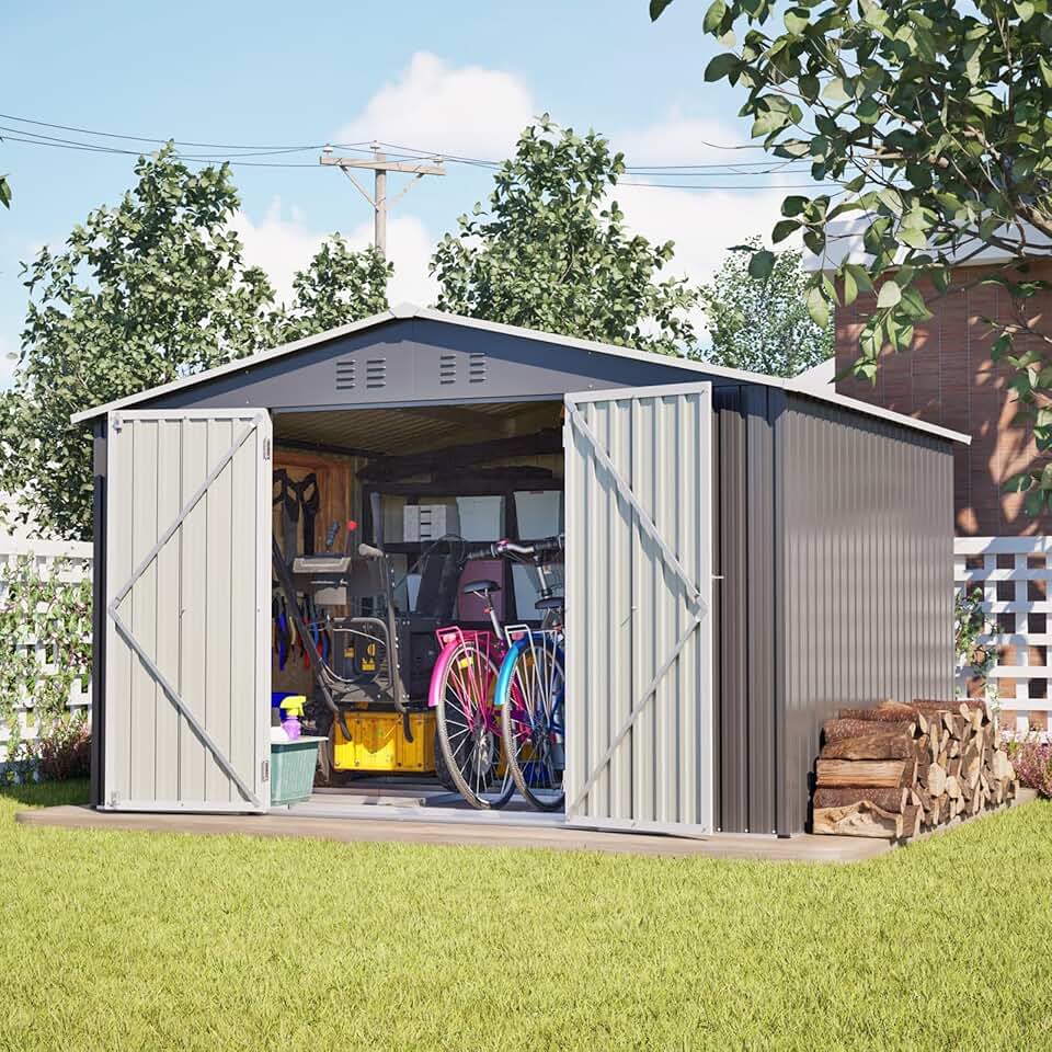 karaca-alisveris 10x8 FT Abri de Jardin Métal avec Fondations en métal, Cabane de Jardin Extérieur avec Serrure, Rangement Outils de Jardi (Gris-10x8 FT)