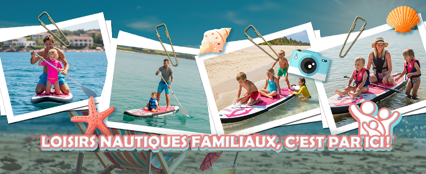 Le texte se lit comme suit : « LOISIRS NAUTIQUES FAMILIAUX, C'EST PAR ICI ». Collection de quatre photos montrant des personnes pratiquant des activités nautiques