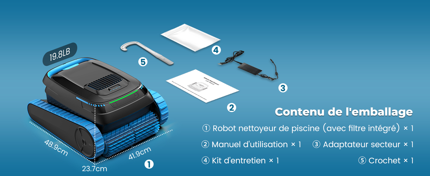 Le texte se lit comme suit : « Contenu de l'emballage ». Appareil noir avec des cartes rectangulaires blanches et des accessoires affichés sur fond bleu montrant les composants du produit et les articles inclus.