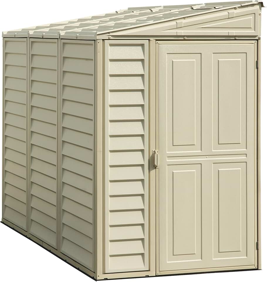 karaca-alisveris SideMate 4 x 8 (2.91 m²) abri de jardin en plastique avec kit de fondation en métal, porte réversible, structure de toit en métal robuste, abri en vinyle sans entretien - Ivoire