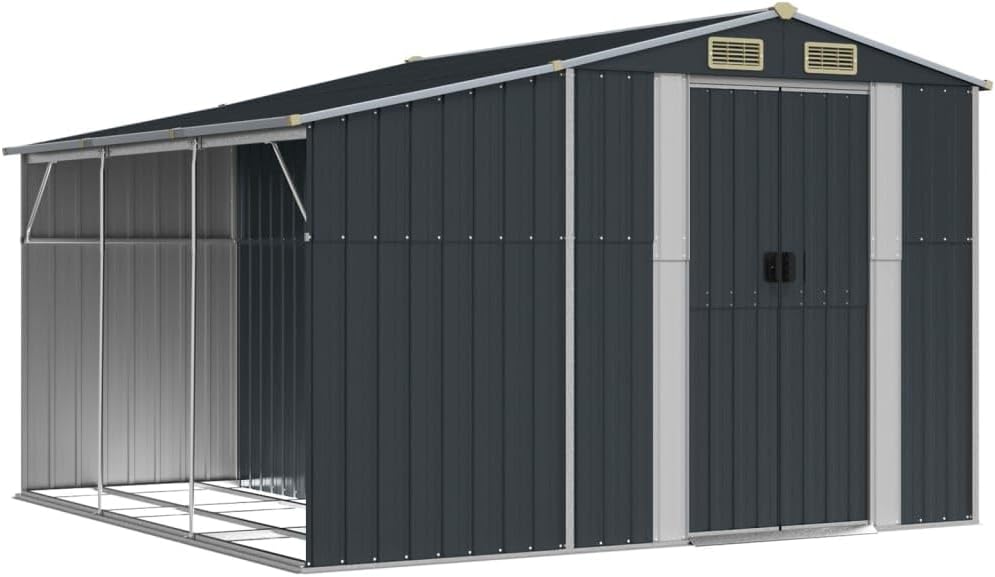 Abri de jardin en acier galvanisé avec toit incliné et trémie à charbon, finition anthracite durable, 277 x 279 x 179 cm