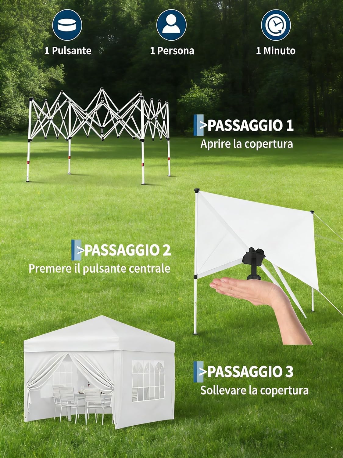 Gravee Tonnelle Pliante 3x3 m – Tente Pop-Up Robuste pour Jardin, Imperméable et Anti-UV avec Parois Latérales et Sac de Transport (Blanc, 3x3m)