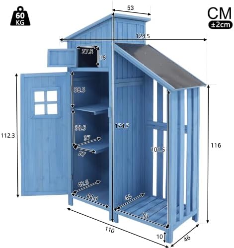 Petite armoire de jardin en bois massif 124 x 46 x 174 cm – Abri à outils résistant aux intempéries pour balcon et terrasse avec 2 étagères et toit en PVC – Abri de jardin compact pour petits jardins
