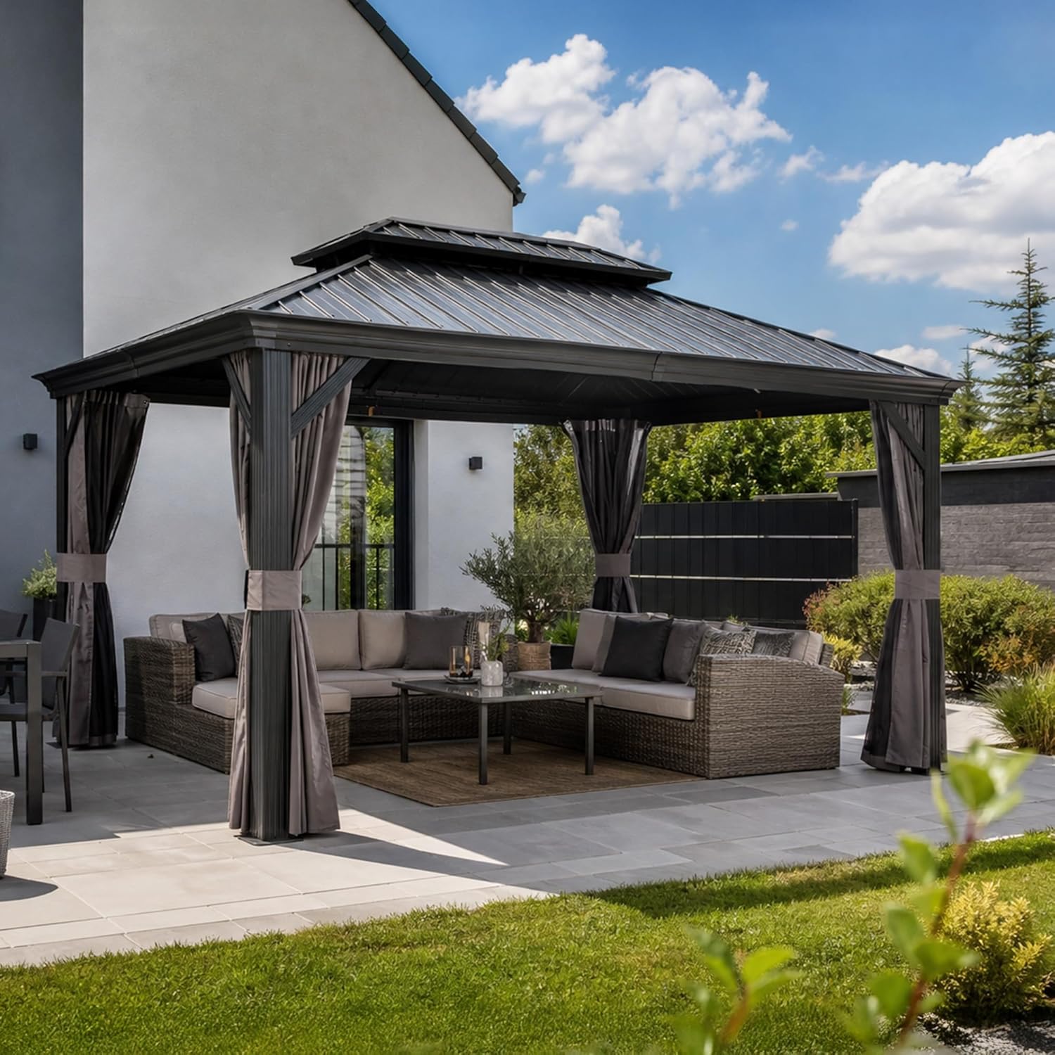 karaca-alisveris - Tonnelle Jardin 4,25x3 m - acier galvanisé, rideaux épais, gouttière