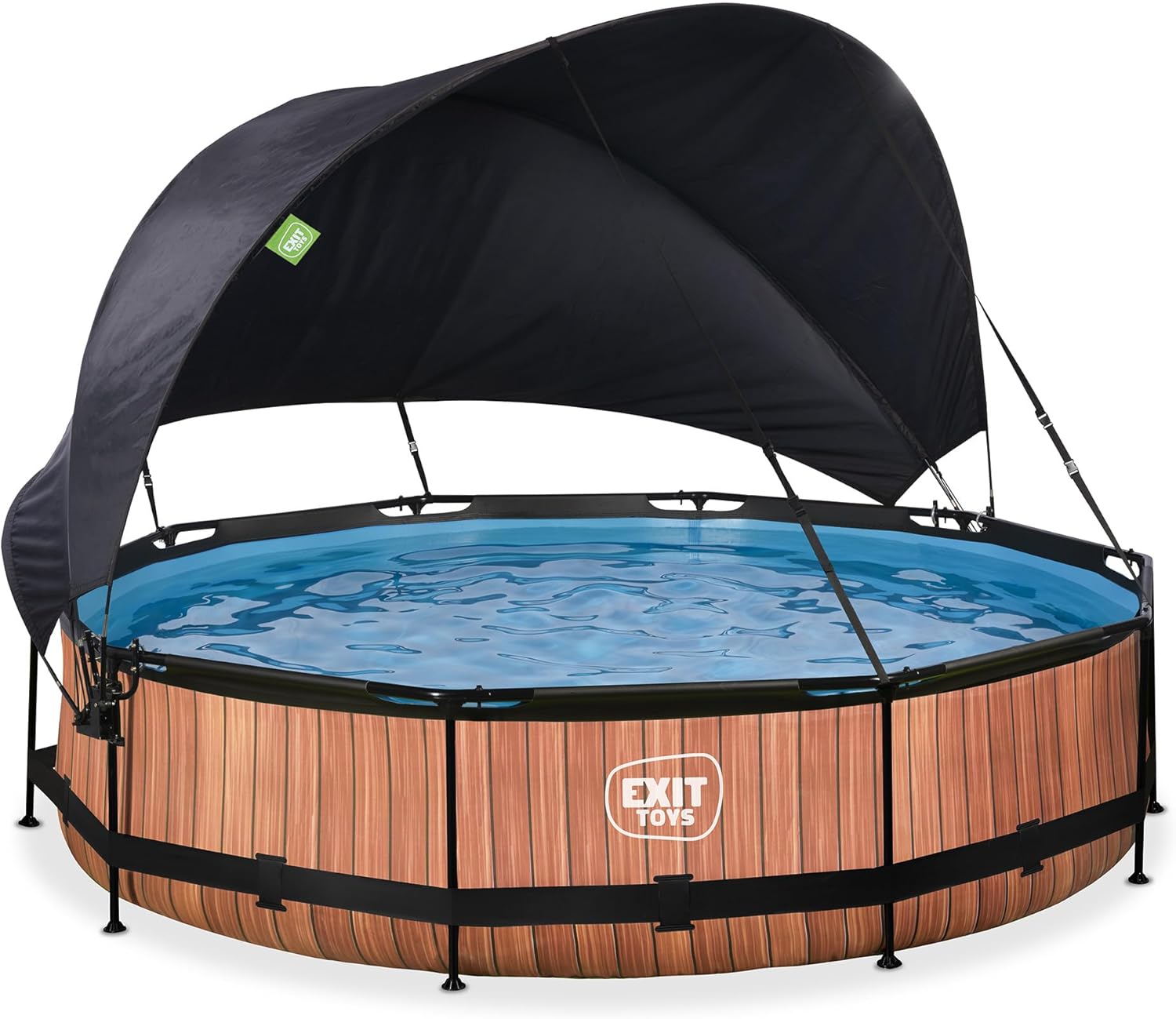 karaca-alisveris Piscine Wood avec Voile d'Ombrage - ø360x76cm - Piscine Hors Sol Ronde avec Pompe Filtrante à Cartouche - Protection Optimale Contre Les Rayons UV - Entrée Basse - Design Unique - Marron