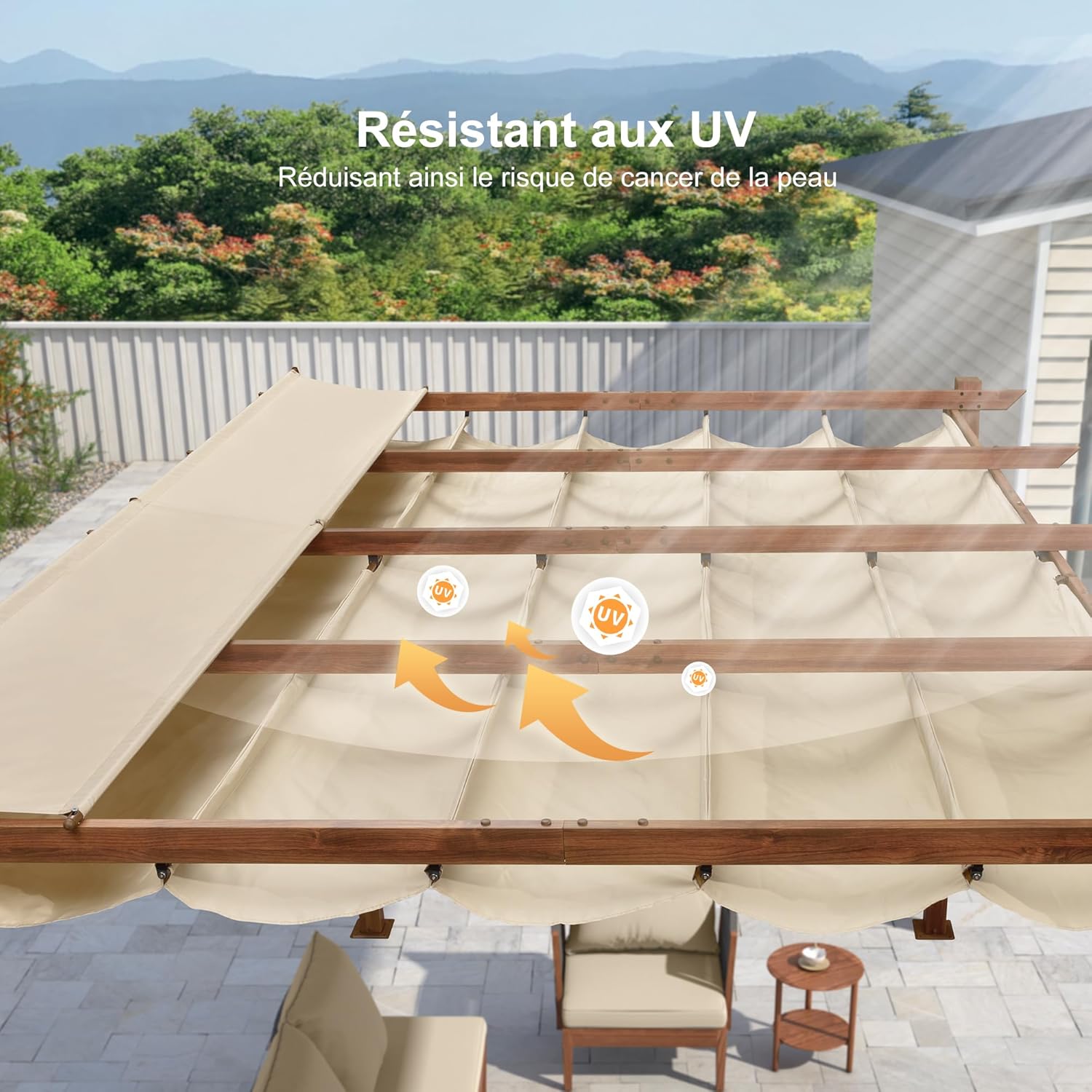 karaca-alisveris - pergola aluminium 4x3m teck, toile rétractable, kaki