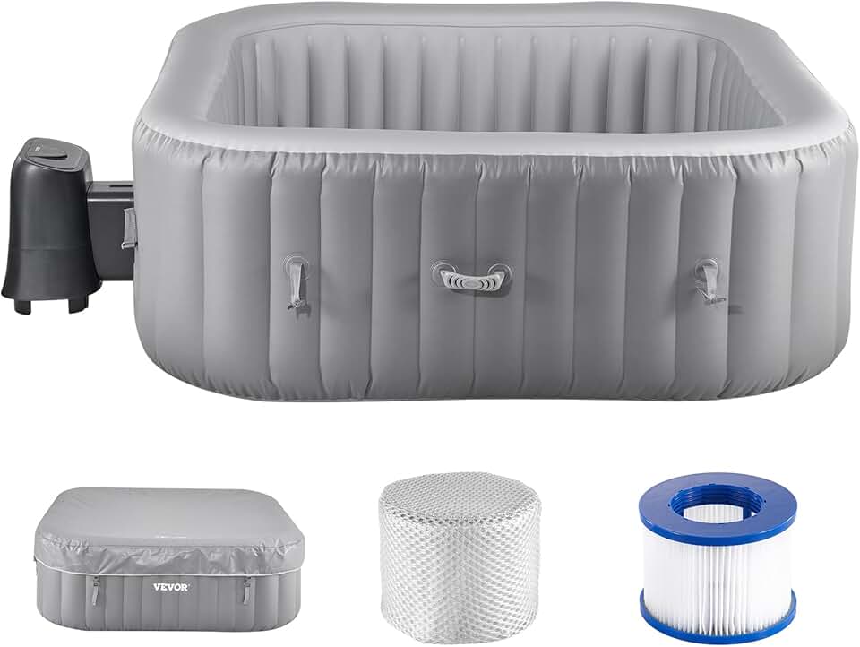 karaca-alisveris Spa Gonflable Carré Capacité 4-6 Personnes, Bains à Remous d’Extérieur Portable 185x66 cm, avec 130 Jets Apaisants, Filtre, Couverture et Tapis, en PVC, Panneau de Commande Multifonction, Gris