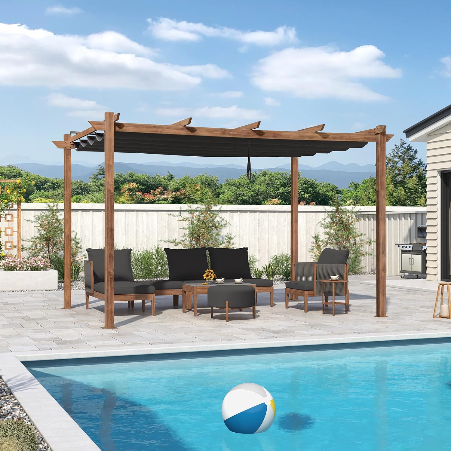 karaca-alisveris - Pergola aluminium - 4x3m - toile rétractable, teck, imperméable